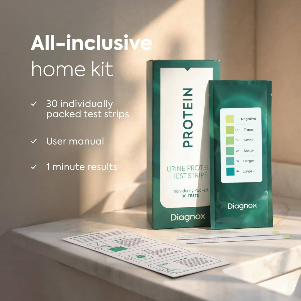 Urine protein test strips home kit with box, pouch, and instruction sheet