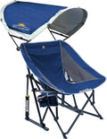 Blue outdoor rocking chair with sunshade canopy and gray side panel