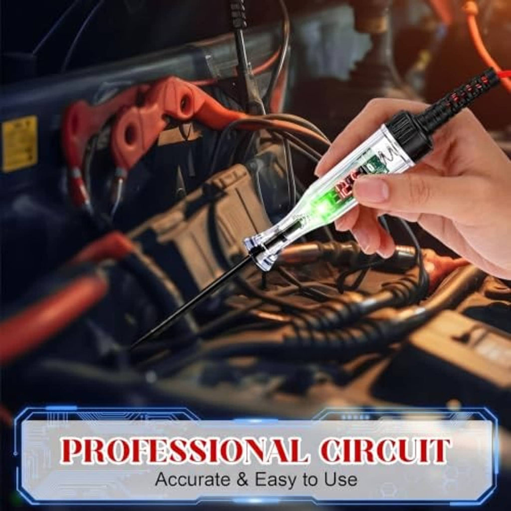 Automotive digital test light in use with glowing LED, red coiled lead and hand-held probe