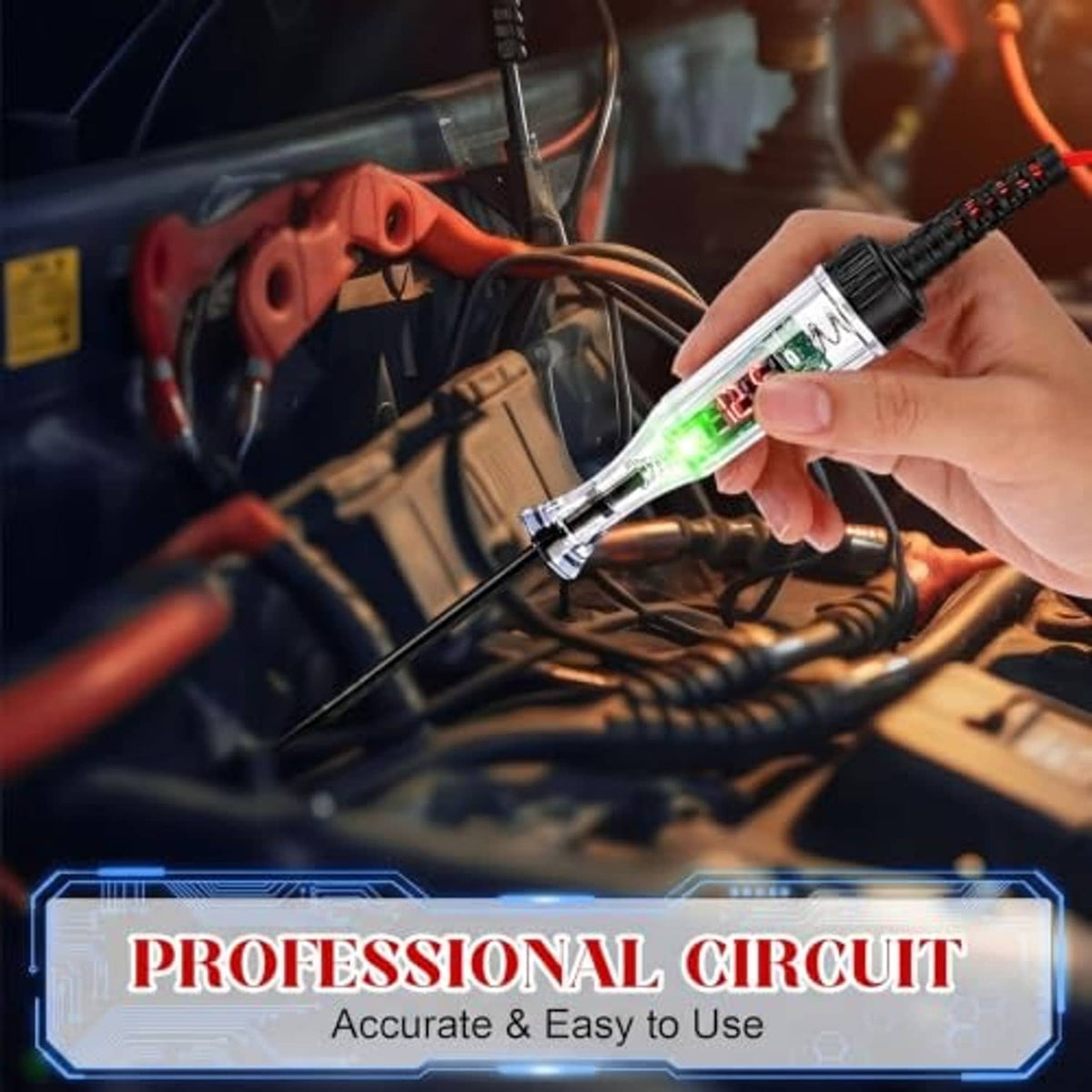 Automotive digital test light in use with glowing LED, red coiled lead and hand-held probe