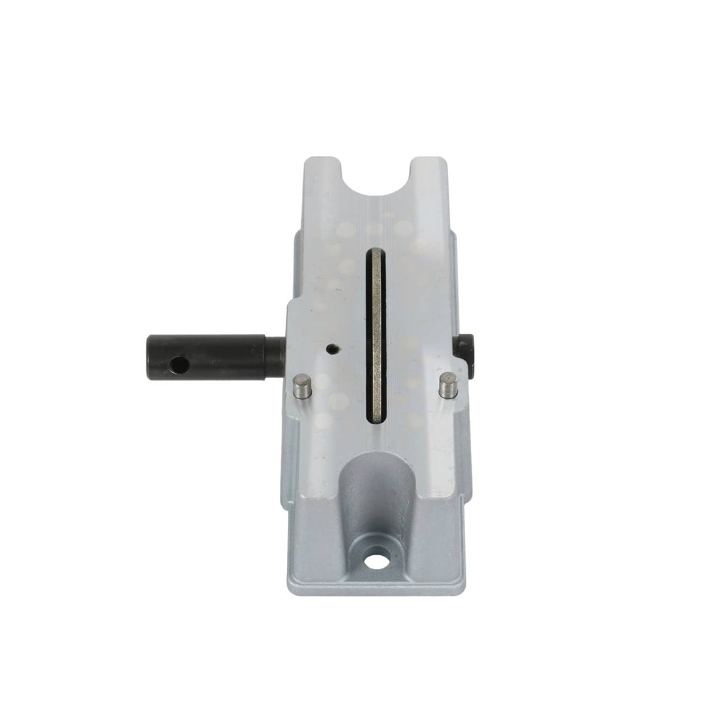 Manual piston ring grinder tool with long slot plate, side handle, and abrasive wheel