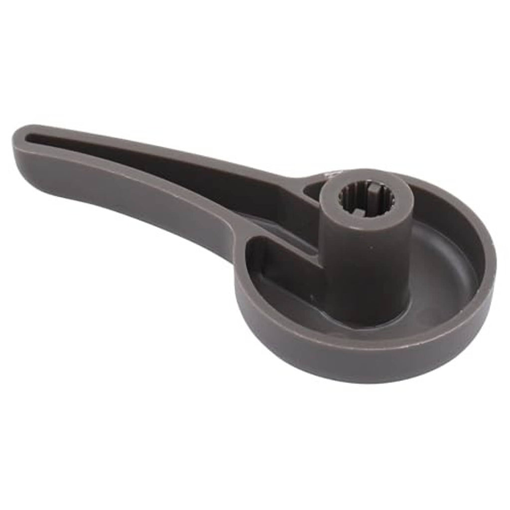 Seat recliner lever handle, dark gray plastic underside with gear-like socket