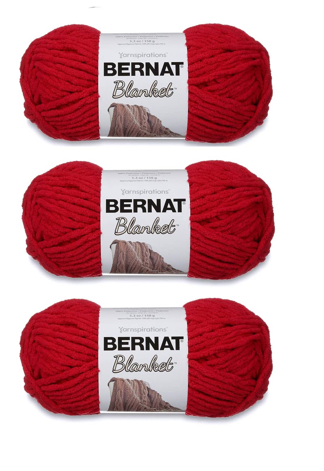 Three-pack Bernat Blanket yarn skeins, cranberry red, super bulky, soft knit texture