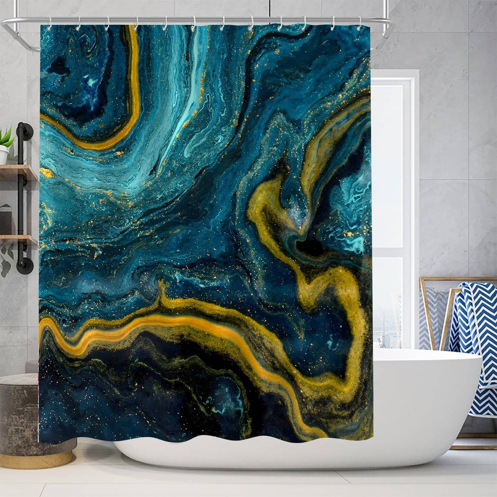 Teal blue marble-pattern shower curtain panel for bathtub with matching bath rug