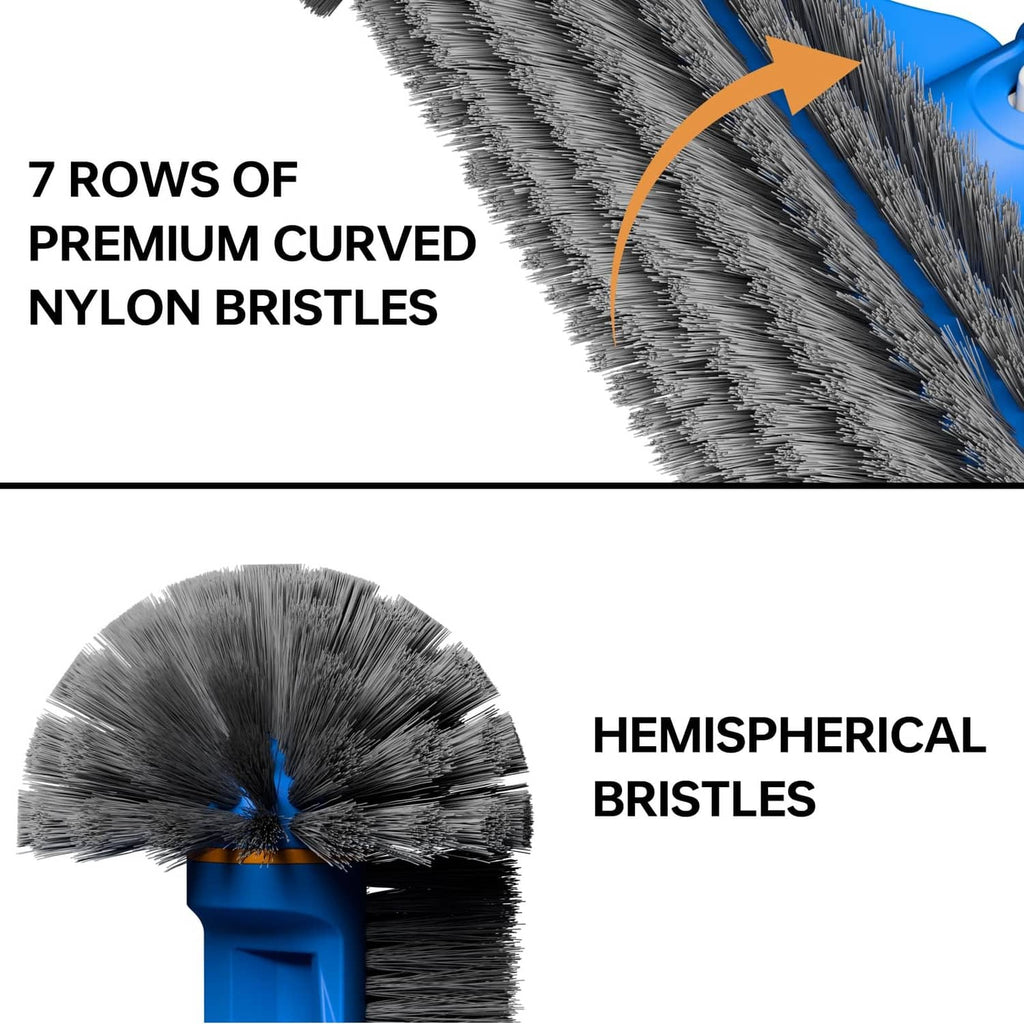 Curved nylon bristle brush head with multiple rows of bristles on blue tool.