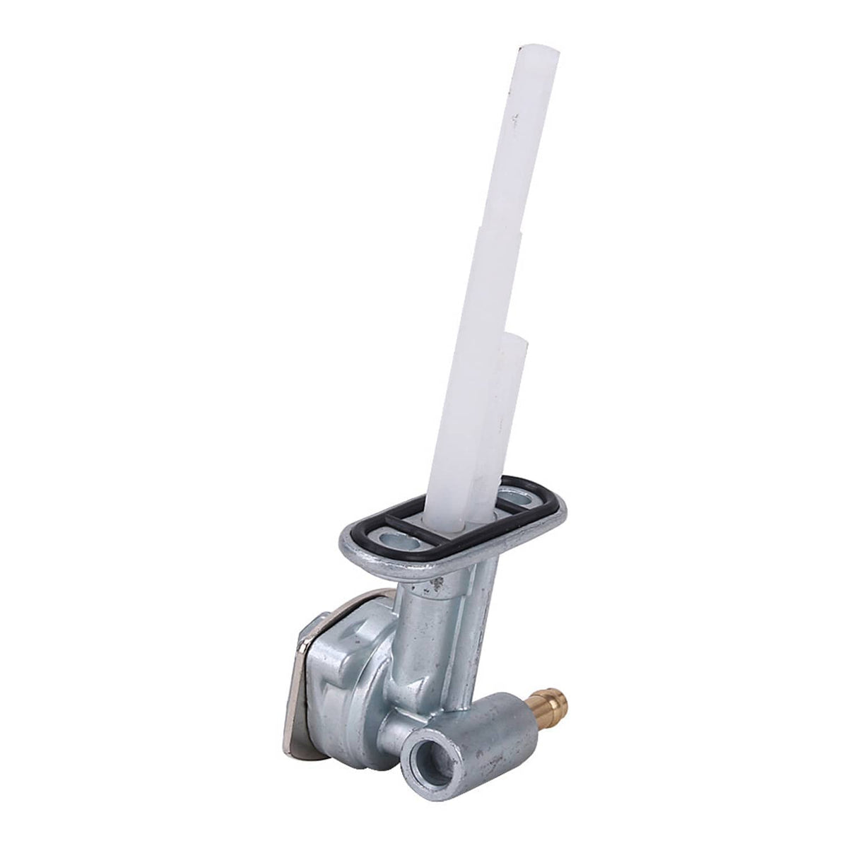 Fuel tank petcock valve assembly with lever stem, metal body, and brass fitting