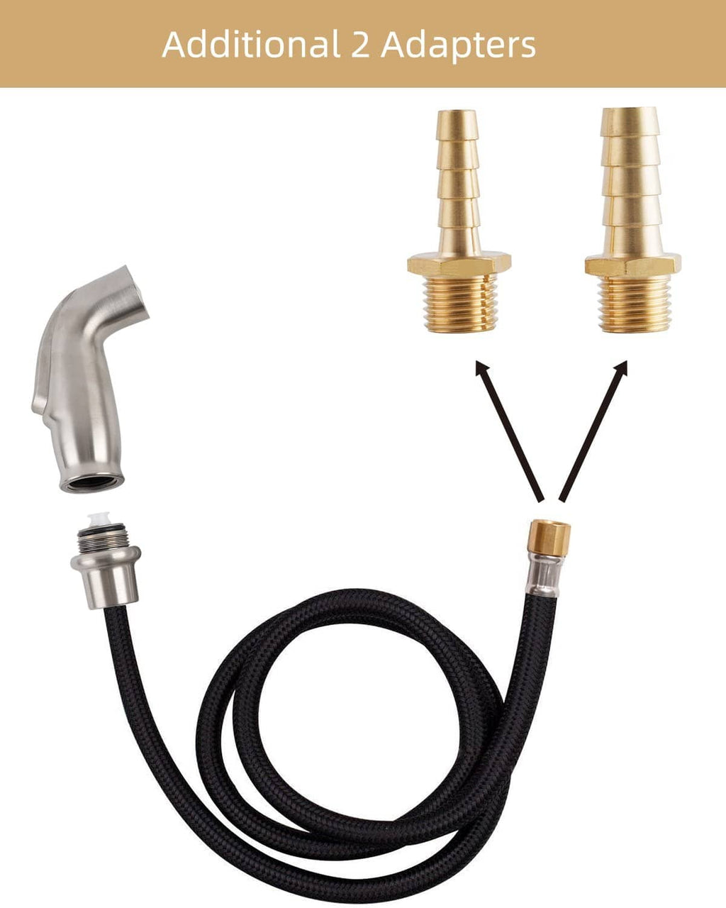Braided hose with brushed nickel spray head plus two brass adapter nipples