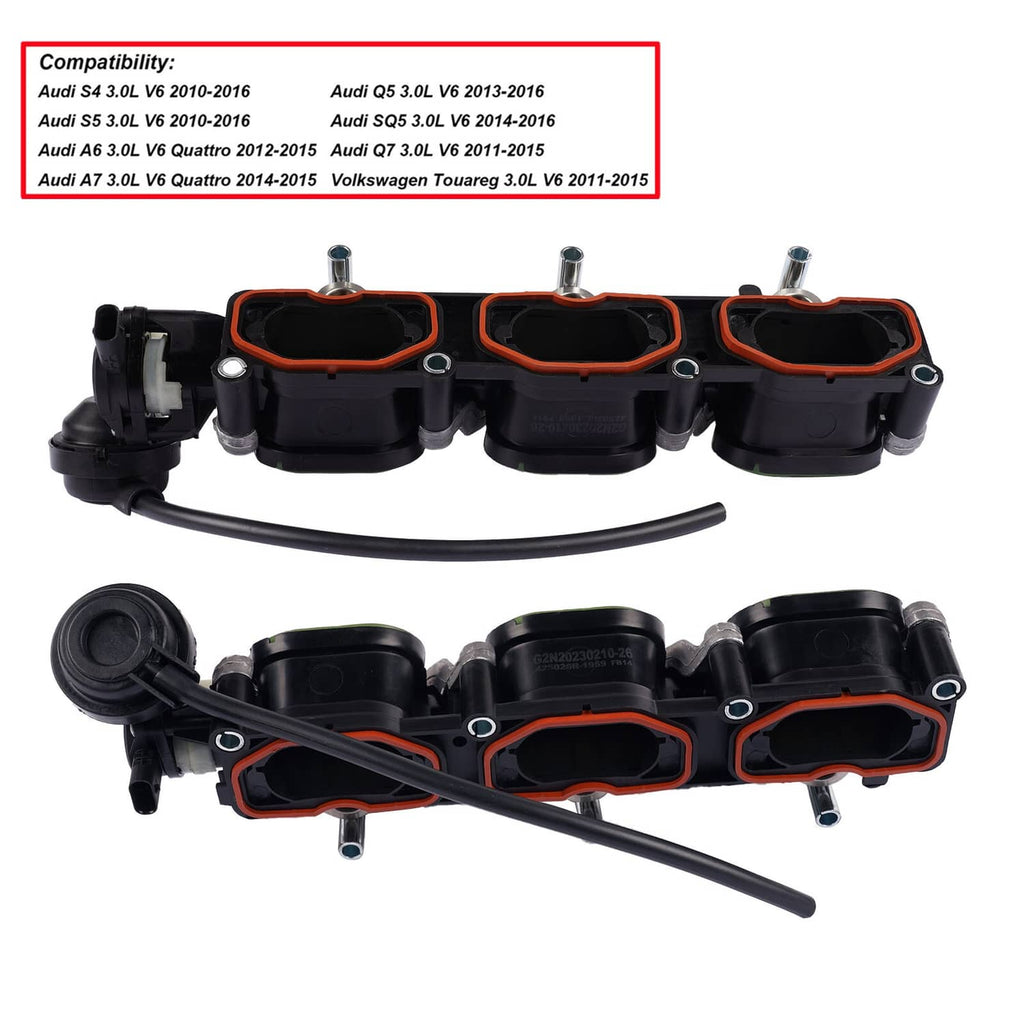 Intake manifold pair with three port openings; black housings, red gasket trim, and hose