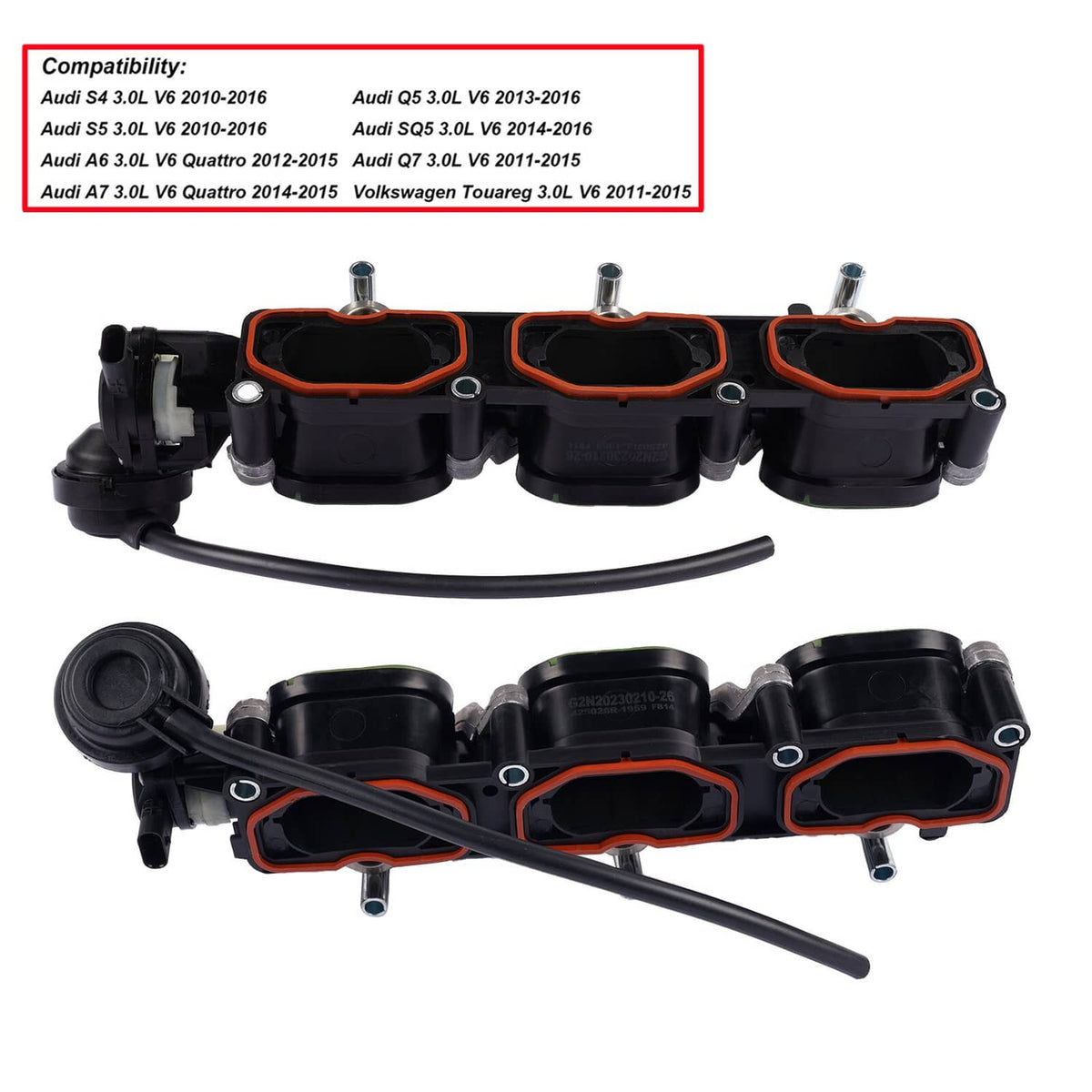 Intake manifold pair with three port openings; black housings, red gasket trim, and hose