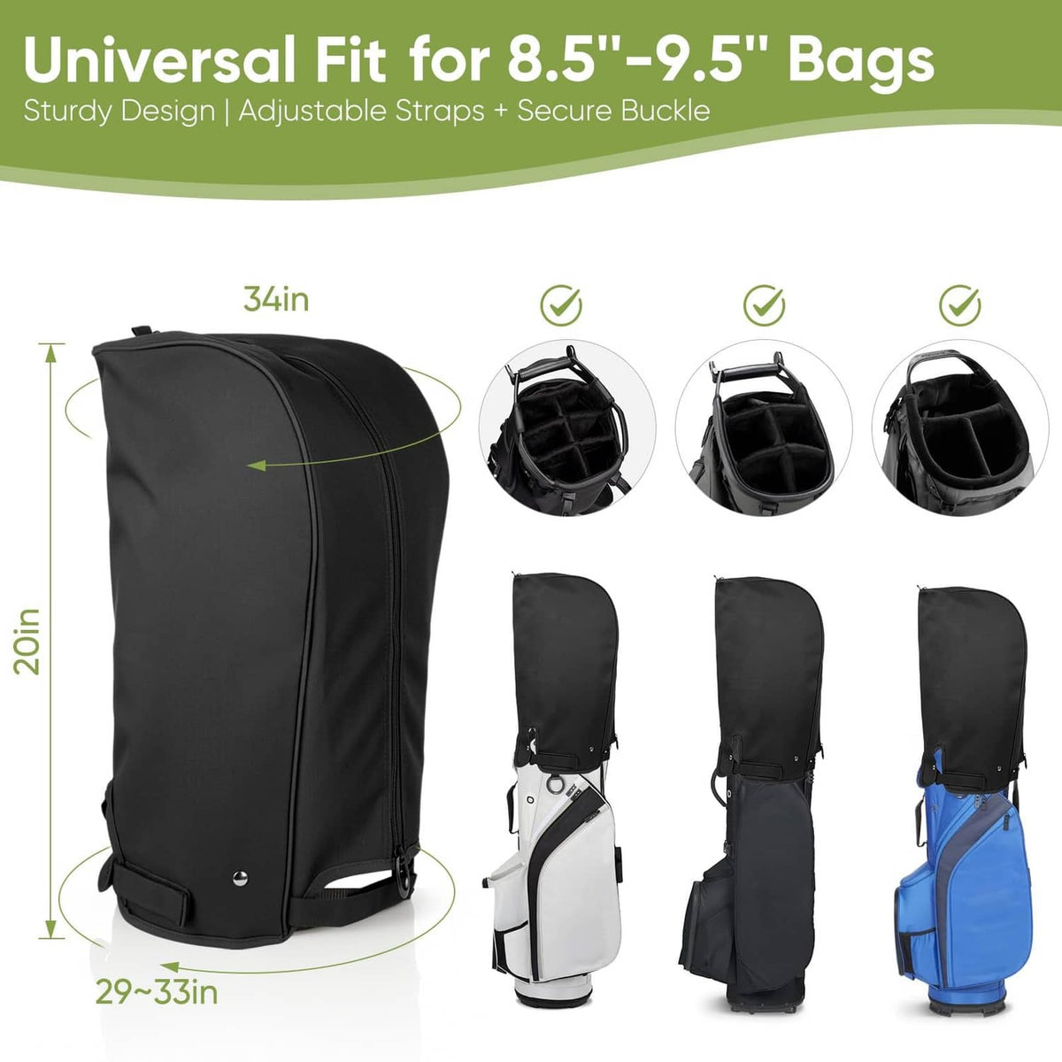 Black rain hood cover for 8.5–9.5 in golf bags with adjustable straps