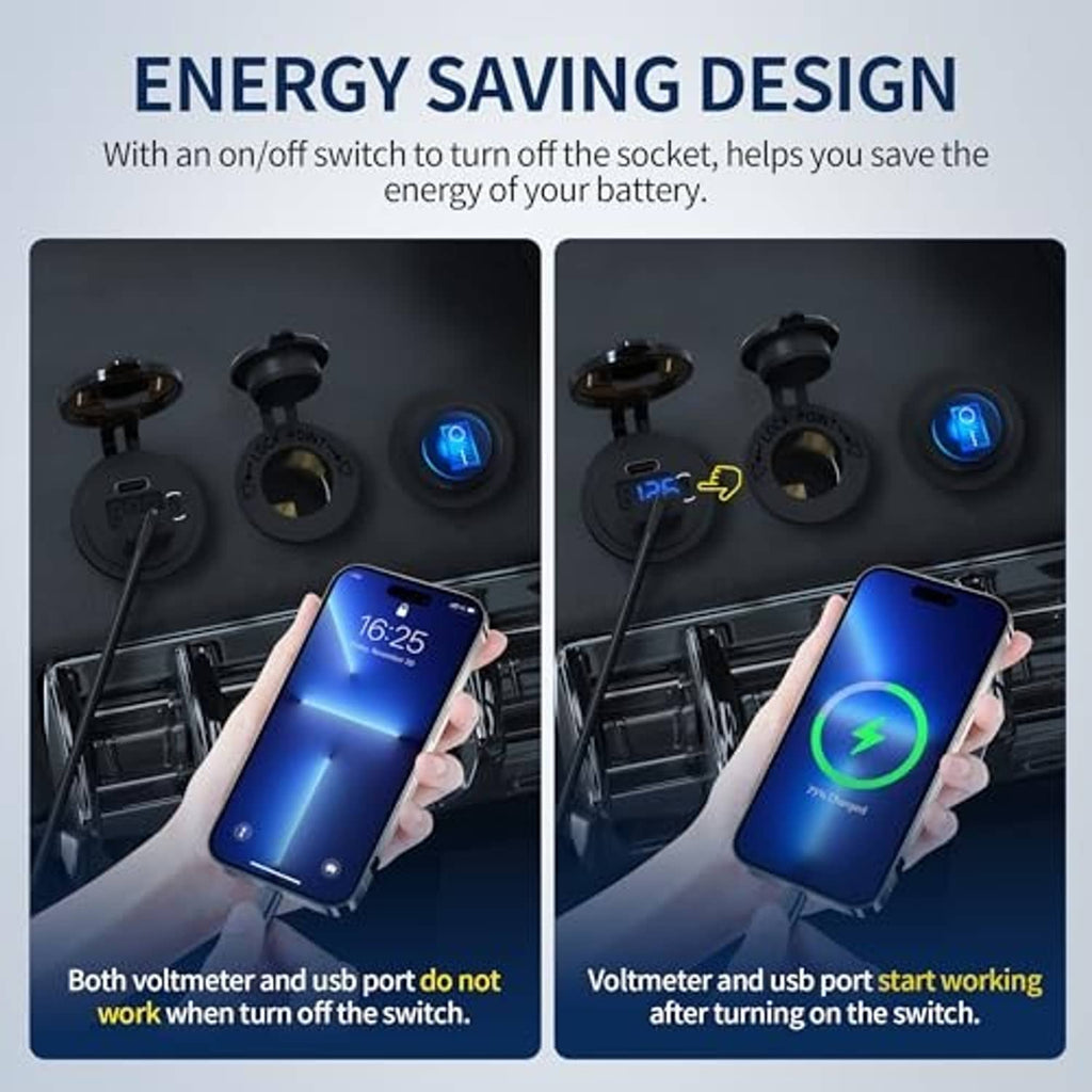 Black car USB charger socket with voltmeter and on/off switch design