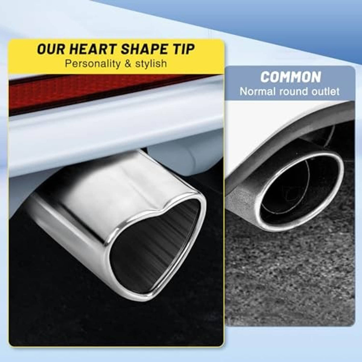 Heart-shaped stainless exhaust tip with polished rim and dark inner round outlet.