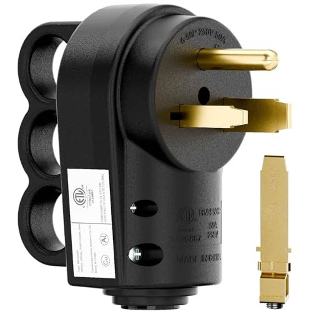 Black NEMA welder plug showing gold prongs, grounding hole, and metal side terminals