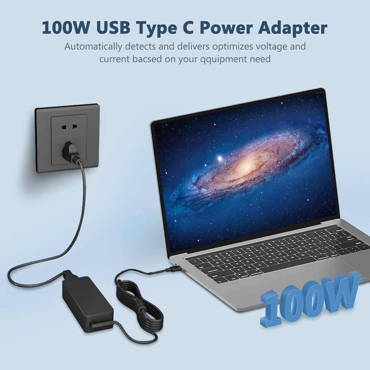 Black 100W USB-C power adapter with wall plug and USB-C charging cable