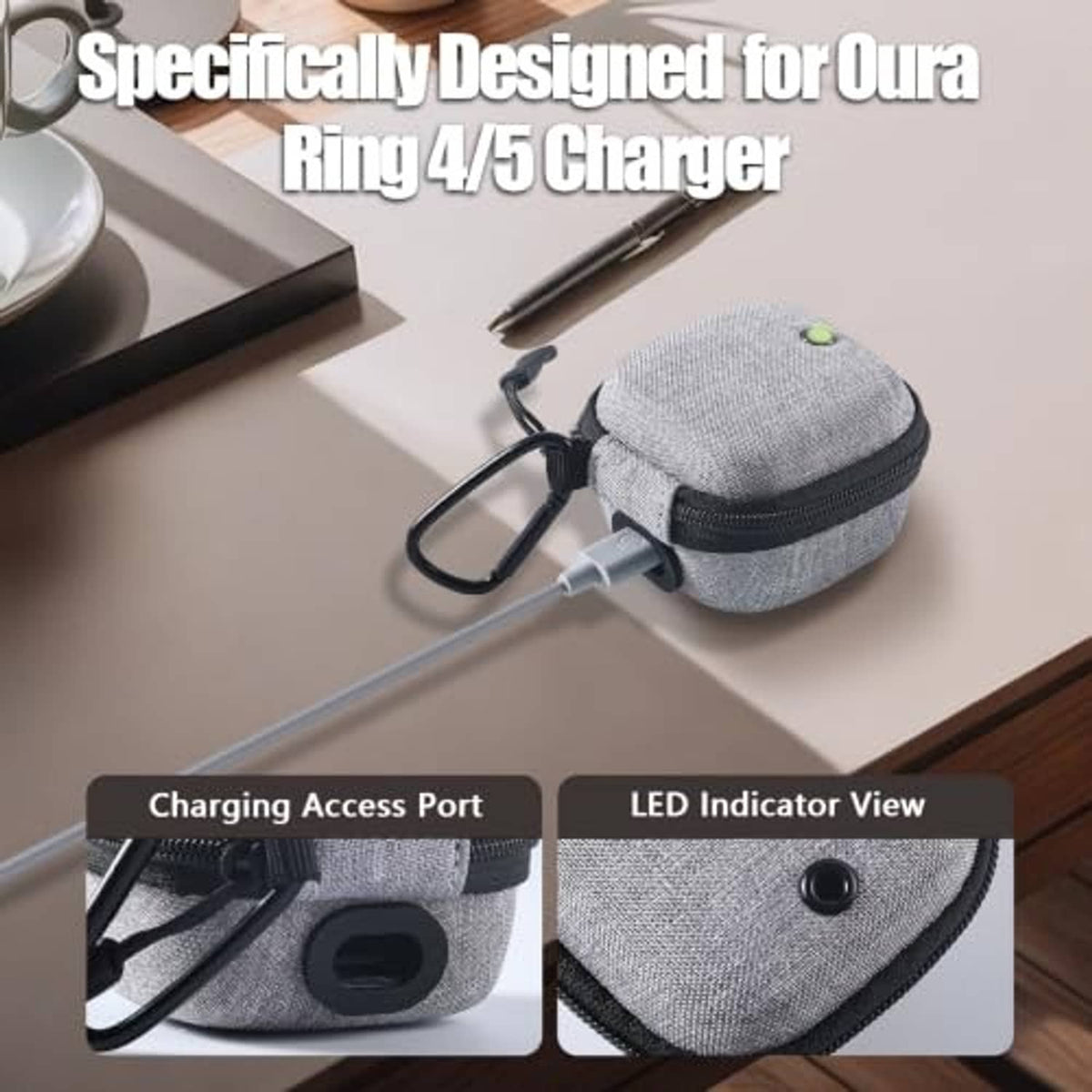 Grey travel pouch for charging device, closed with carabiner loop and zipper