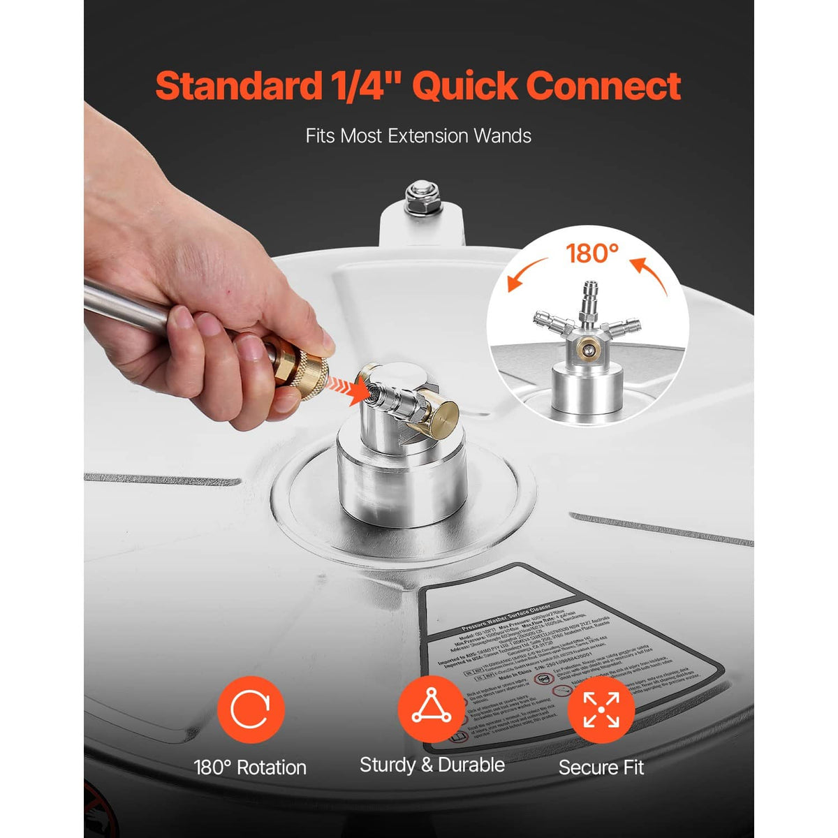 Pressure washer surface cleaner with 1/4 quick-connect fitting and 4-wheeled base