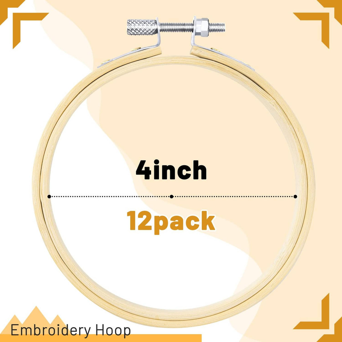 4 inch embroidery hoop set, nature bamboo with metal tightening screws, 12 pack