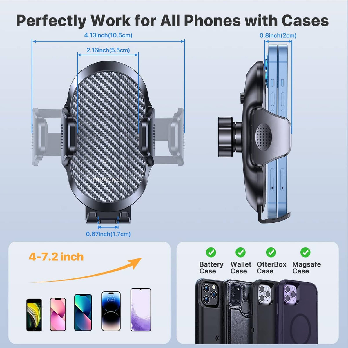 Car phone holder compatible with cases, sized for 4.13–7.2 in phones