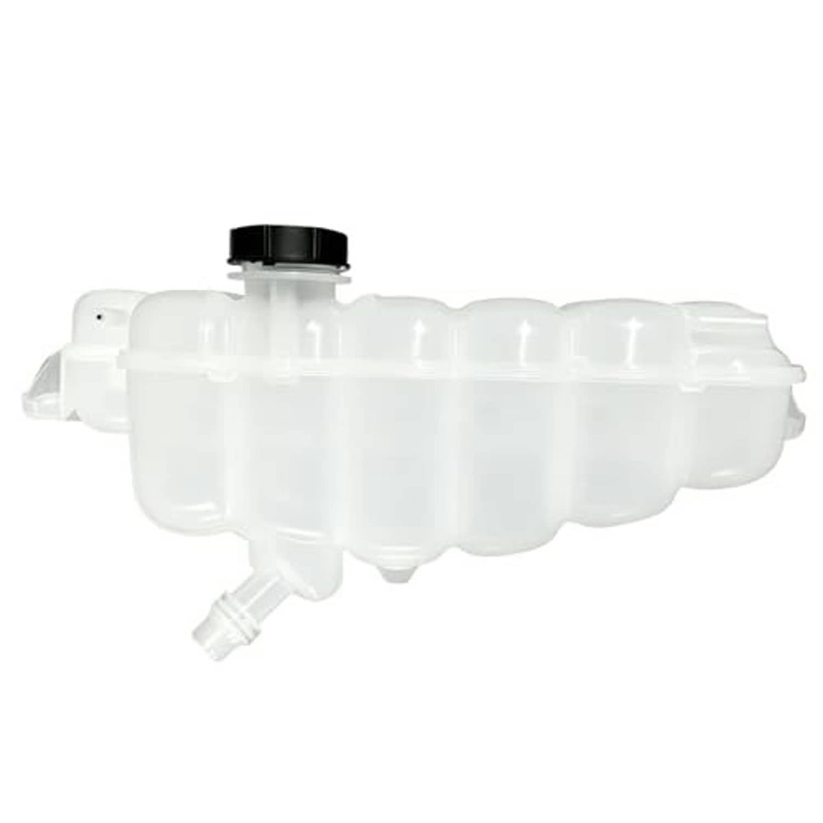 White coolant overflow reservoir tank with black cap and lower outlet, front-leaning view
