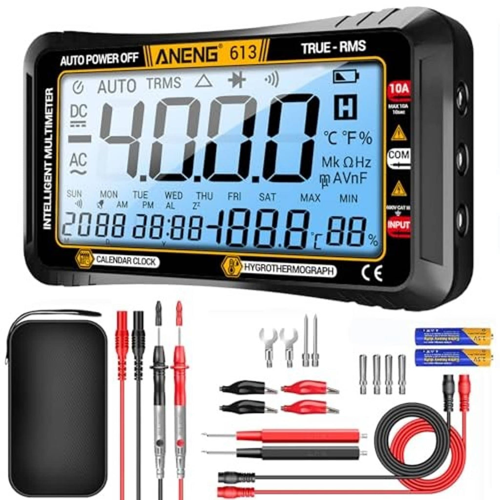 Black digital multimeter with large LCD and right-side input COM port markings