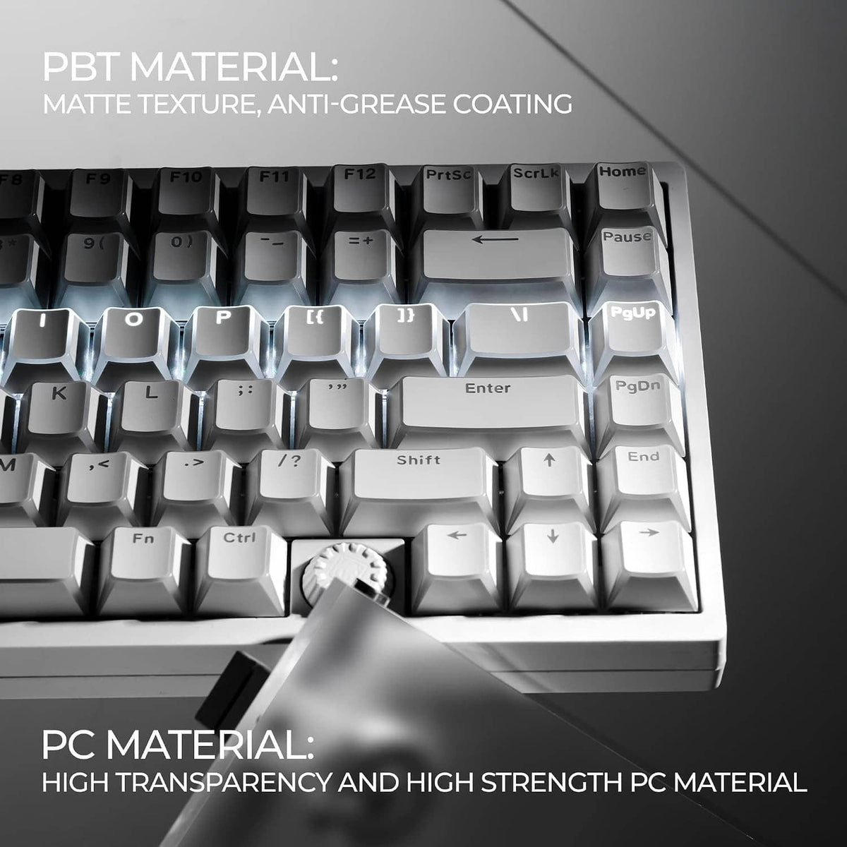 White and gray keycaps in Cherry profile with printed legends on a keyboard