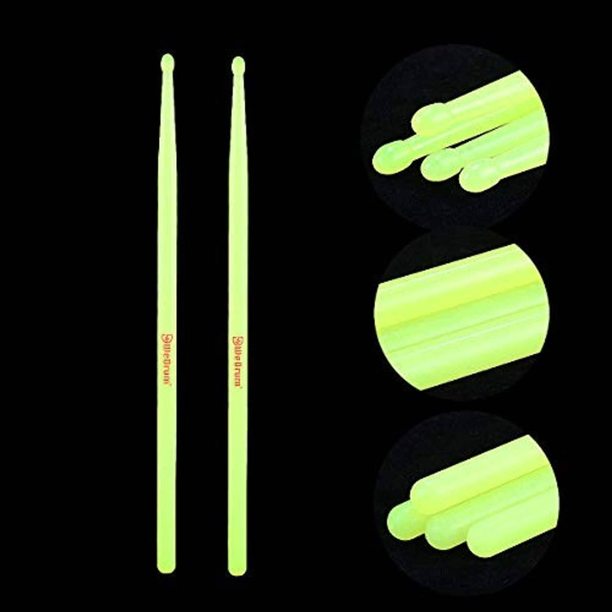 Two neon green glow drum sticks with rounded tips and light effect end views