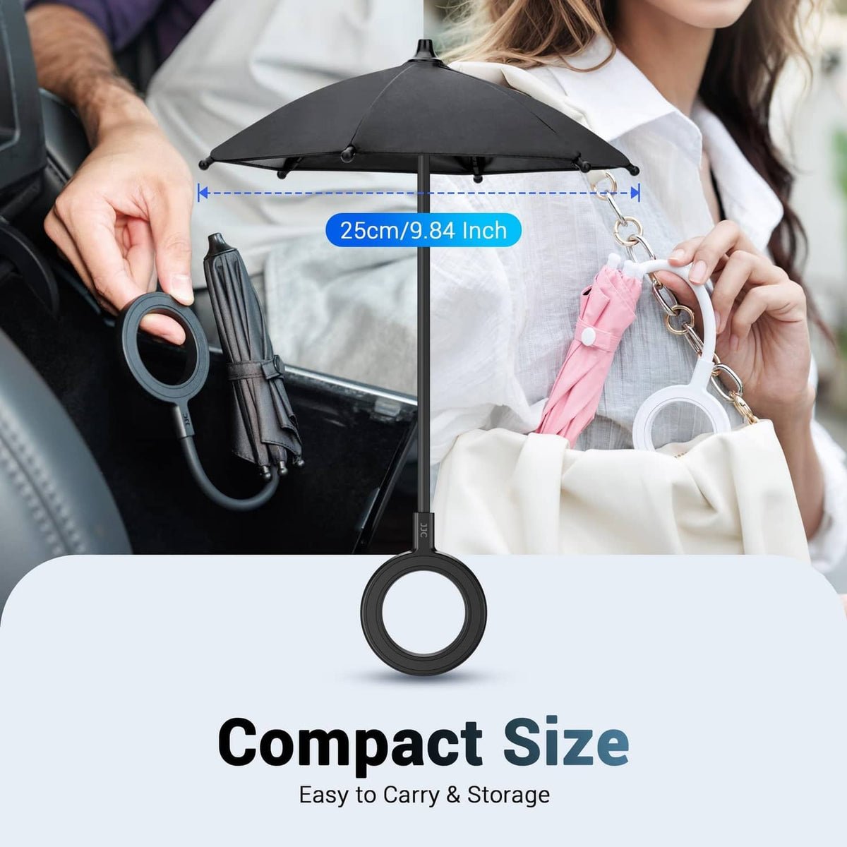 Compact pink magnetic phone umbrella, 25 cm with hanging ring and mounting cord.