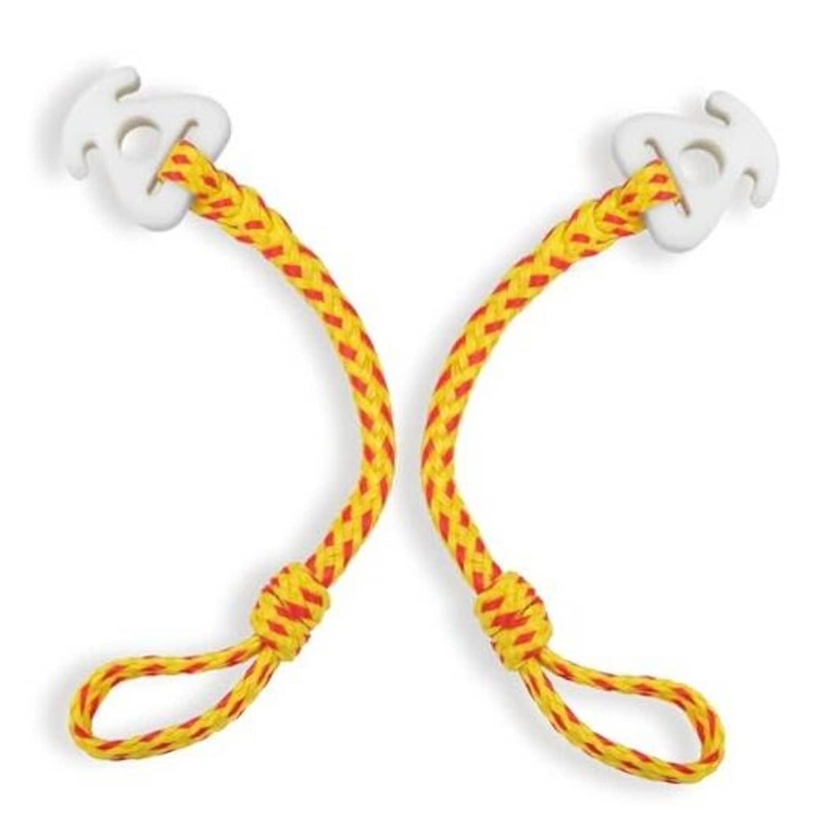 White plastic boat tow quick connector pair with red-yellow braided rope loops