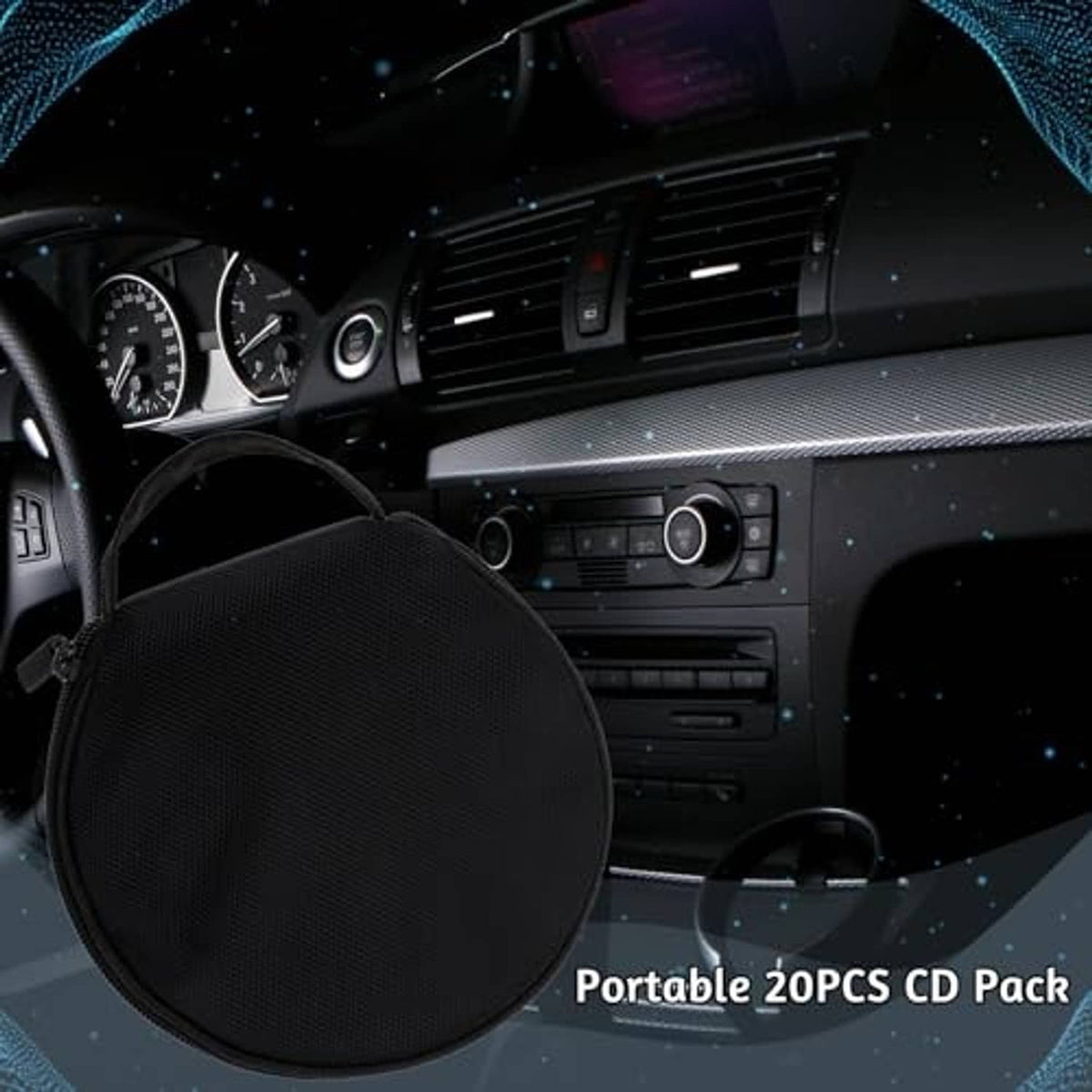 Black round zippered CD/DVD holder case with strap, compact textured fabric pouch