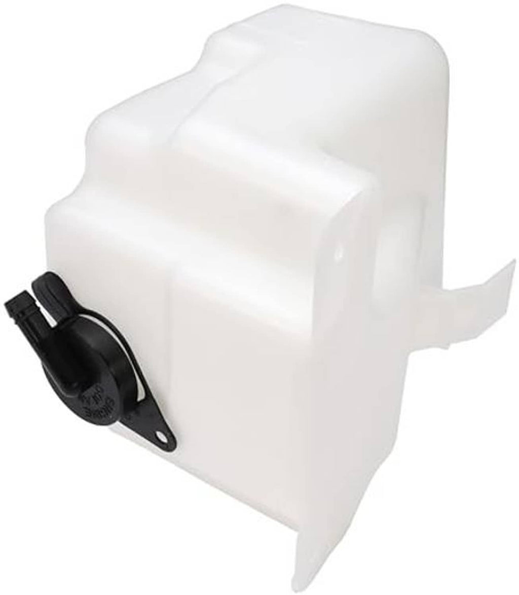 Non-pressurized coolant reservoir with black cap and mounting tab, white plastic tank