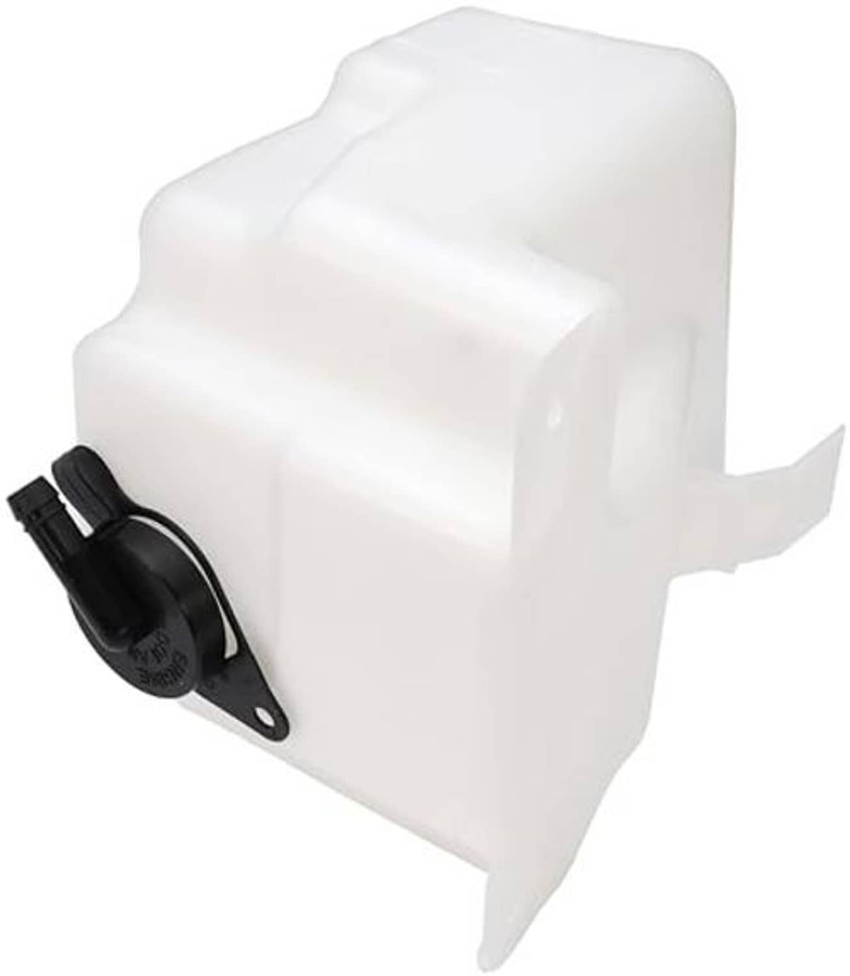 Non-pressurized coolant reservoir with black cap and mounting tab, white plastic tank