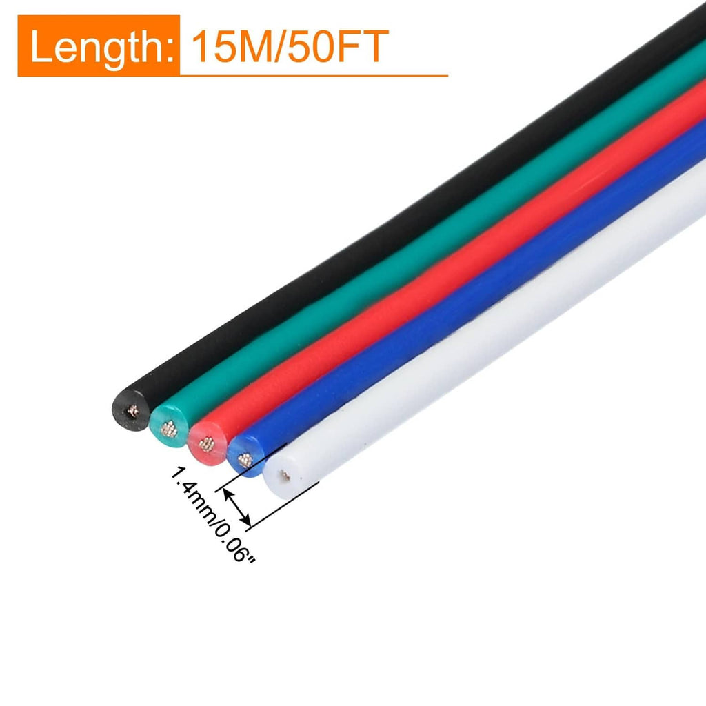 5-conductor electrical wire end view with black outer jacket and colored insulated leads