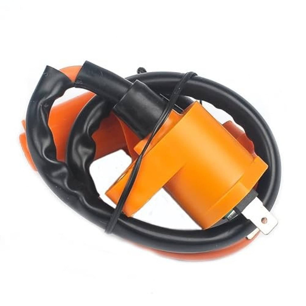 Orange ignition coil with black wiring bundle and metal terminals.