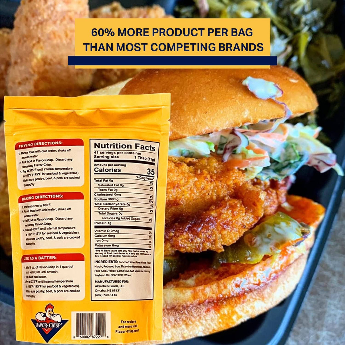 All-purpose breading & batter mix pouch beside a prepared chicken sandwich