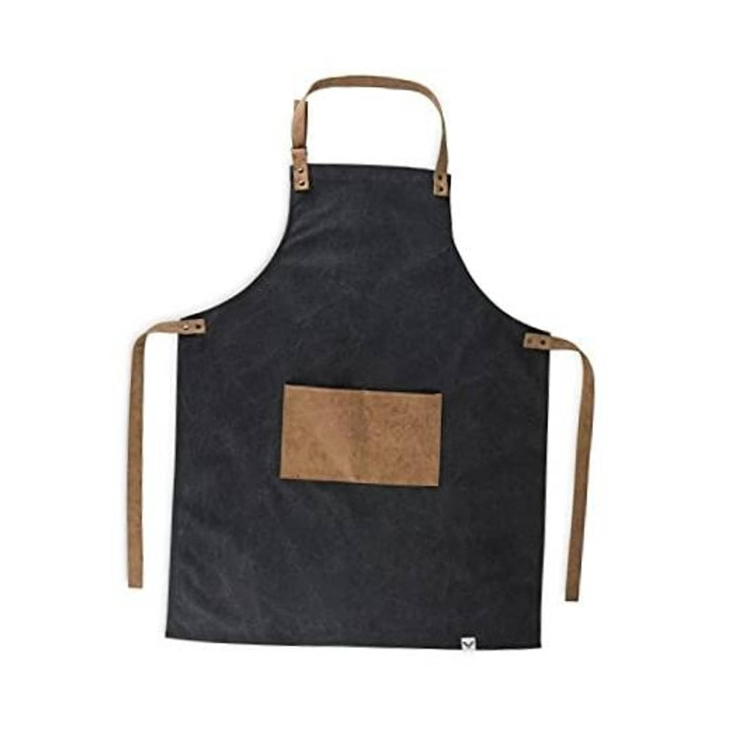 Men's cooking apron in dark charcoal with tan faux leather straps and front pocket