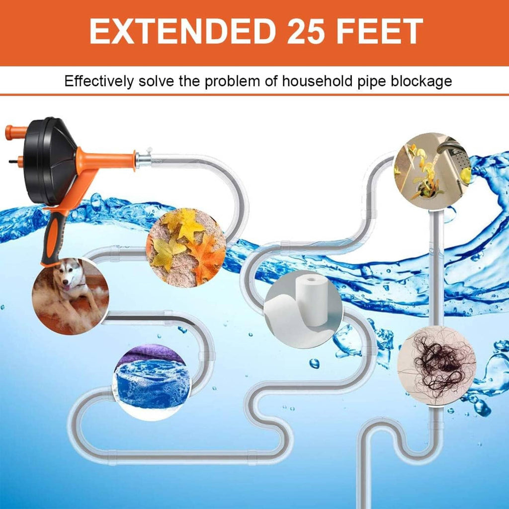 Drain auger with extended flexible snake reaching deep plumbing, orange drum and cable.