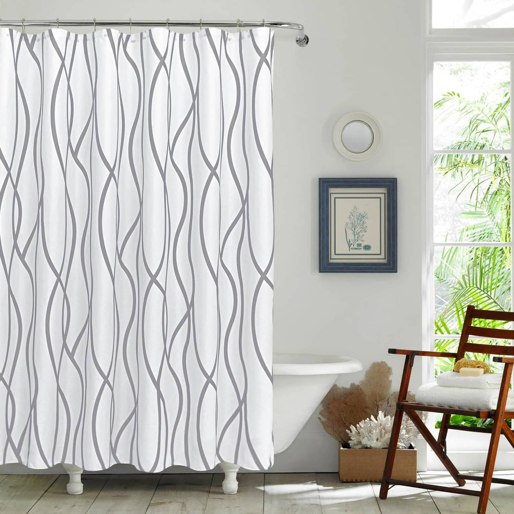Silver gray shower curtain panel with gray wave pattern and grommet-style header