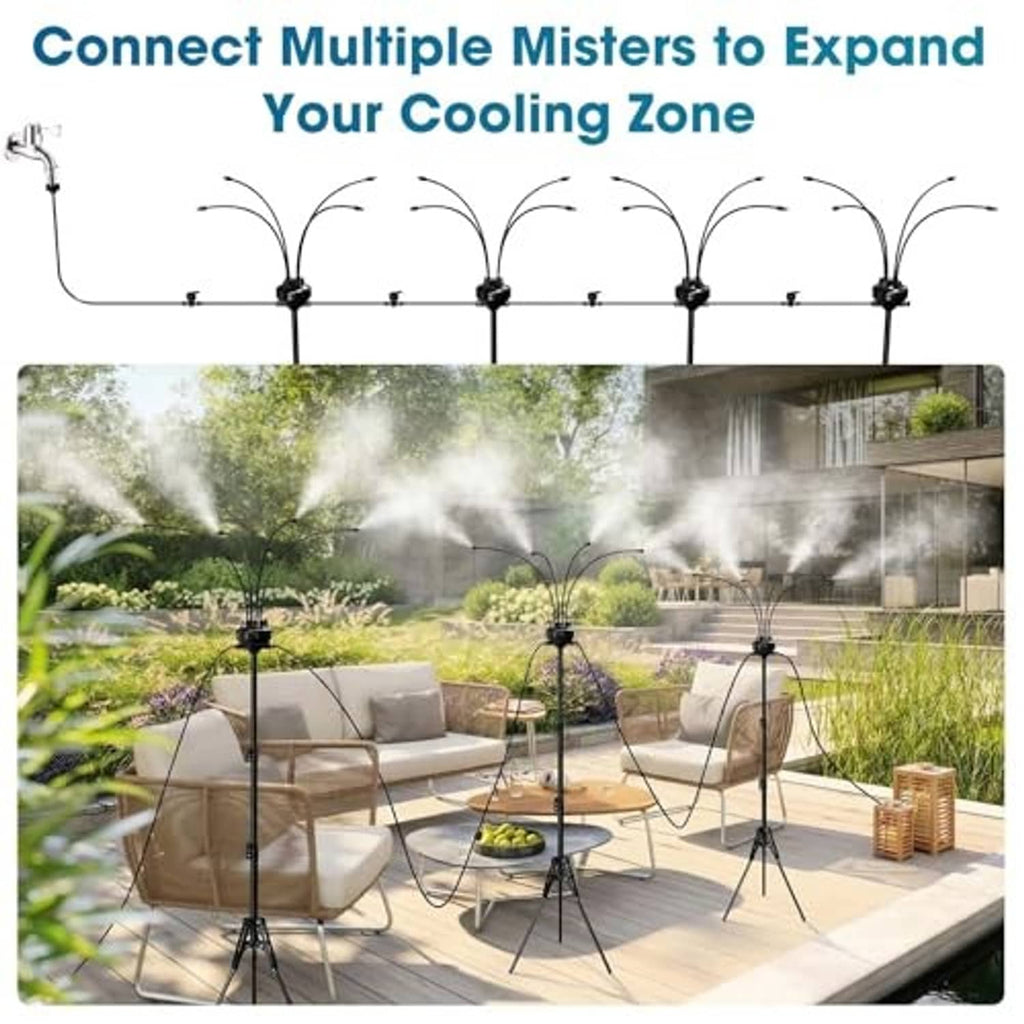 Outdoor patio misting system with four black tripod misters spraying cooling mist