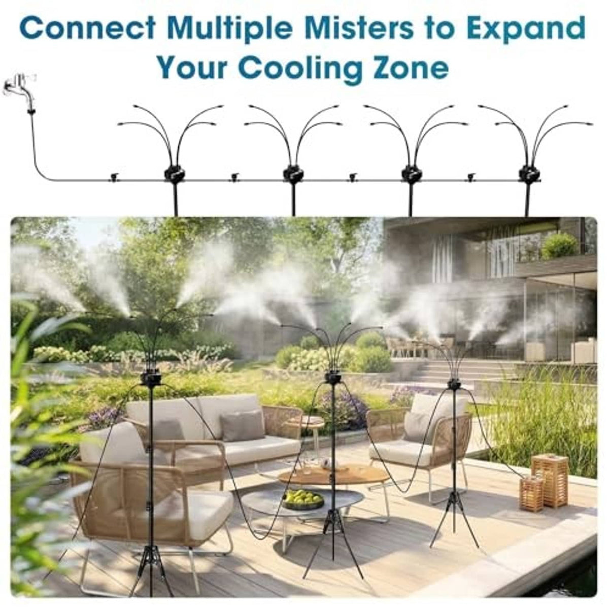 Outdoor patio misting system with four black tripod misters spraying cooling mist