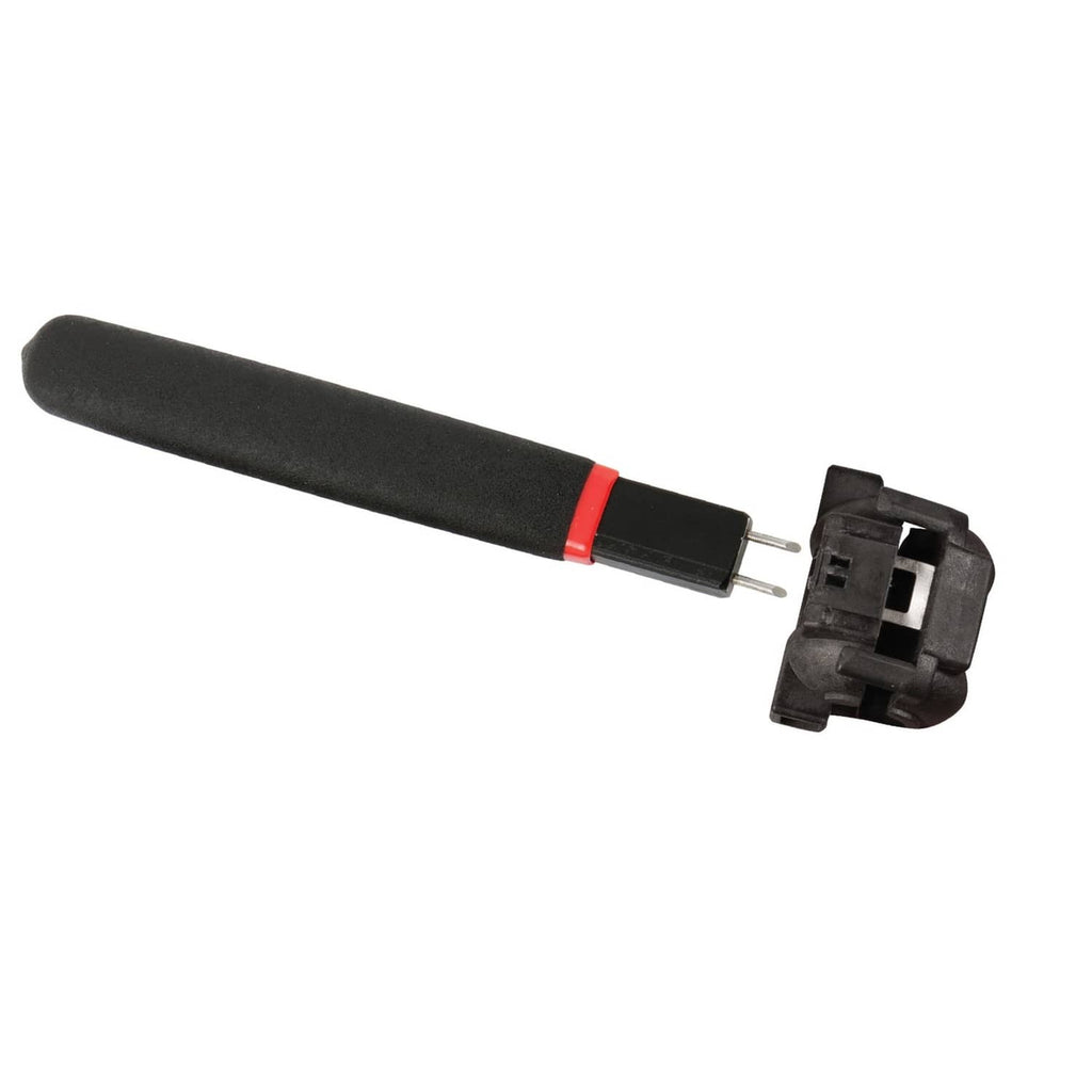 A/C line disconnect tool with black connector head, red band, and two metal pins