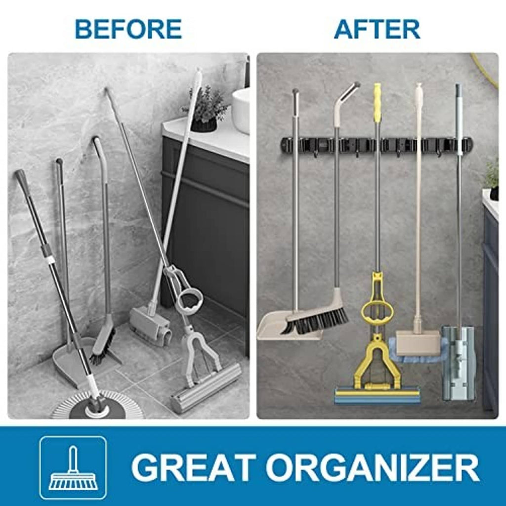 Broom mop tool organizer wall mount, before-and-after placement with multiple holders