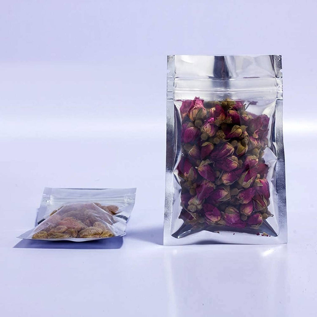 Clear resealable mylar bag filled with dark purple dried flowers