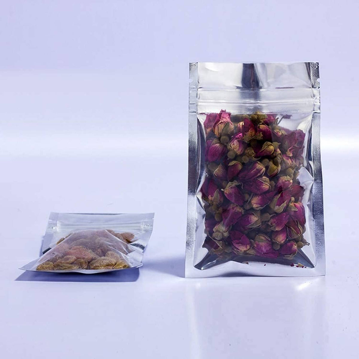 Clear resealable mylar bag filled with dark purple dried flowers