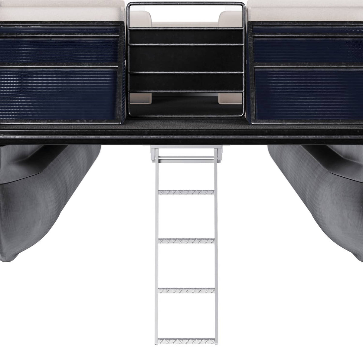 Mounted 4-step pontoon ladder with four rungs hanging beneath the deck opening