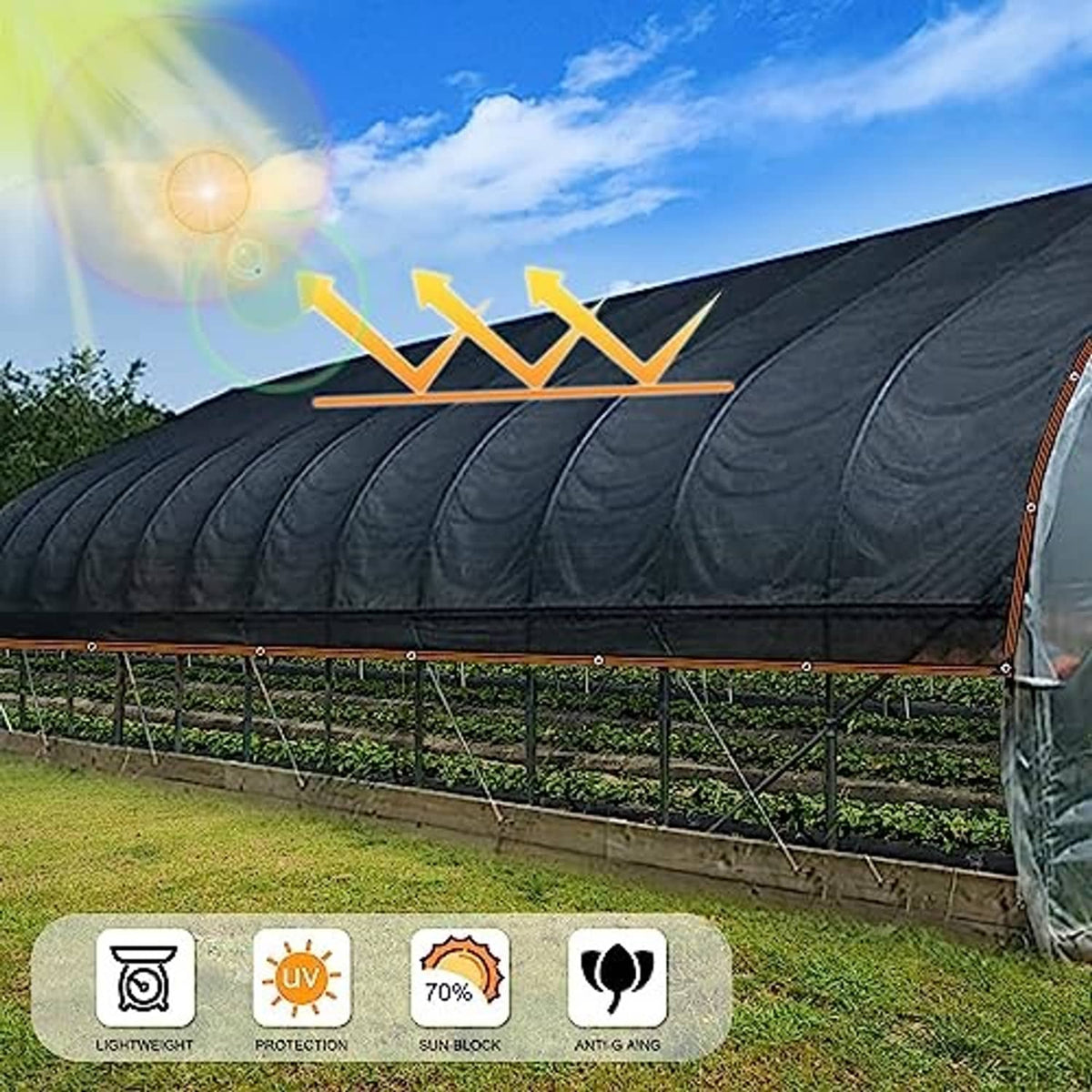 Dark mesh shade tarp roof with brown edge trim and evenly spaced metal grommets