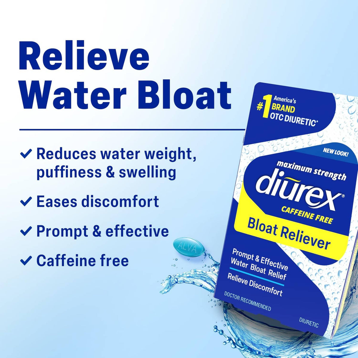 Diurex Caffeine-Free bloat reliever box with water-drop graphics, 48 caplets