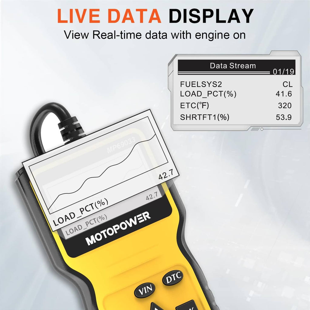OBD2 scanner with screen showing live data stream and load PCT readings