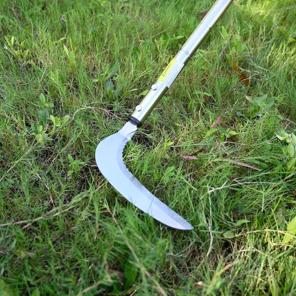 Long-handled weeding sickle with plain curved blade for trimming grass