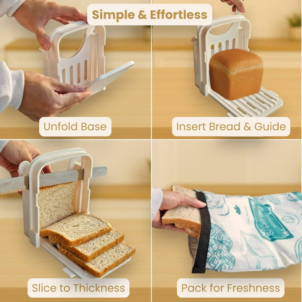White bread slicer guide unfolded with loaf inserted in the slicing tray