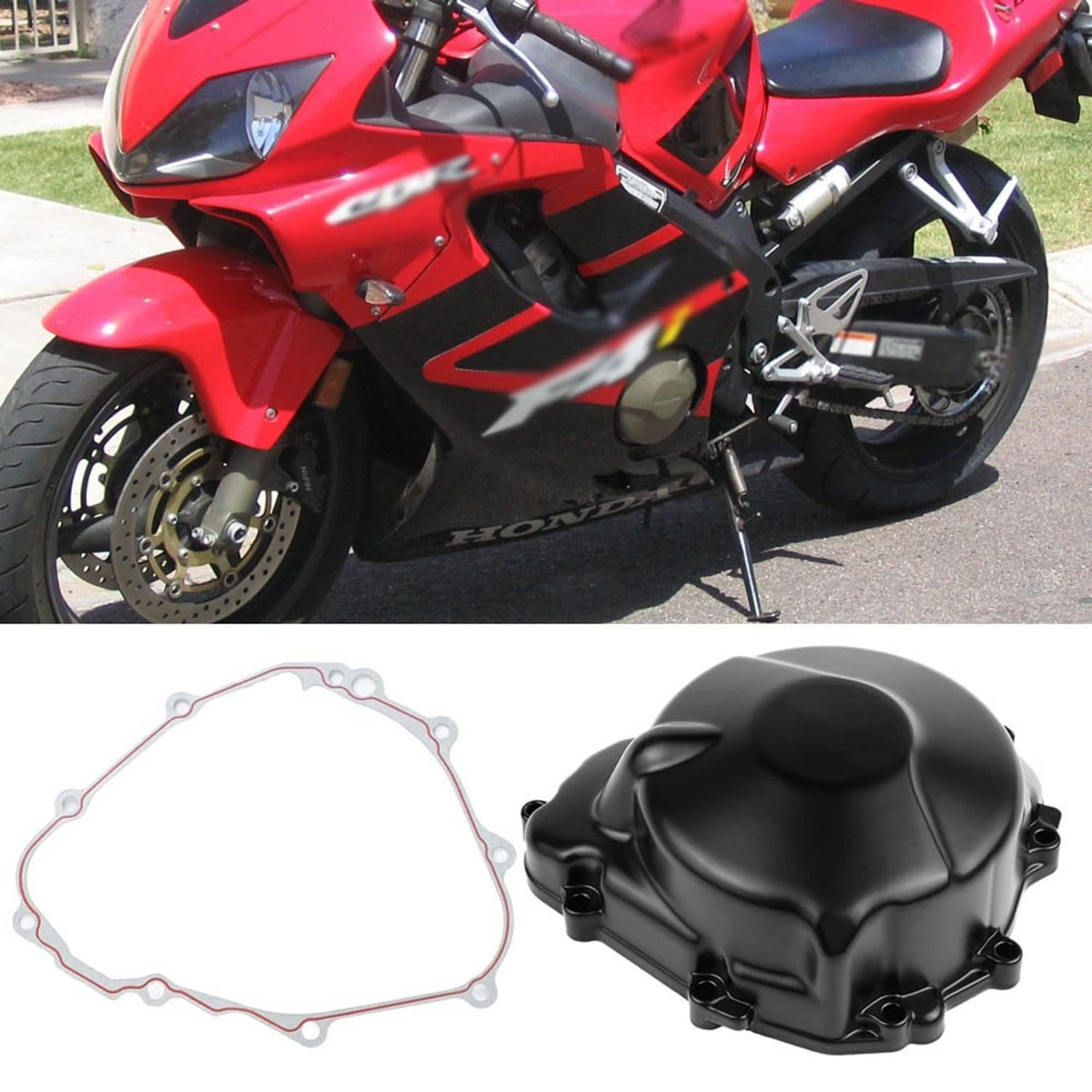 Engine crankcase stator cover with gasket, black finish (pair shown)